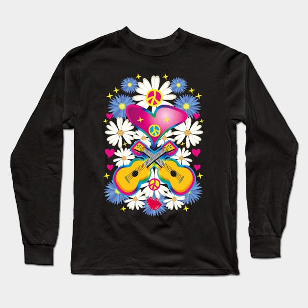 27 Hearts guitars peace flower power children flowers music Long Sleeve T-Shirt by Margarita7